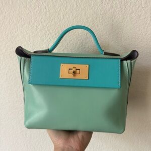 LEATHER INSIDE & OUT Bright Aqua Green Mini 2424 Satchel Convertible Bag S12/R2